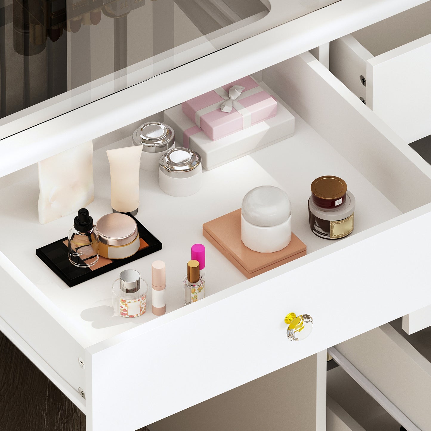 WIAWG Modern Adult Vanity Table Set with Glass Top&Mirror, LED Lights and 9 Drawers,White