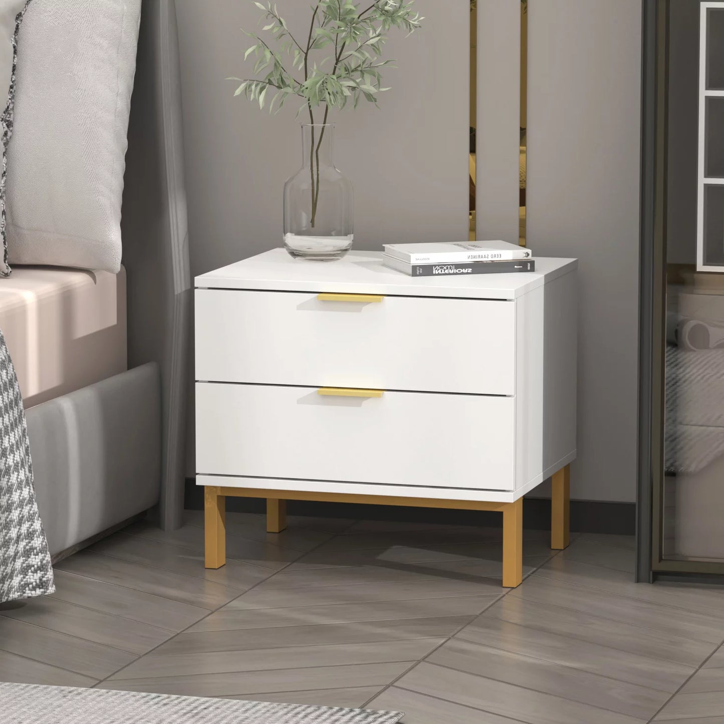 WIAWG Modern Nightstand for Bedroom/Living Room 2 Drawer End Table with Metal Handles White