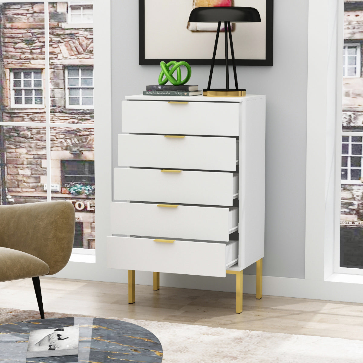 WIAWG 5 Drawer Dresser for Bedroom Living Room Dresser Chest Wood White-Gold