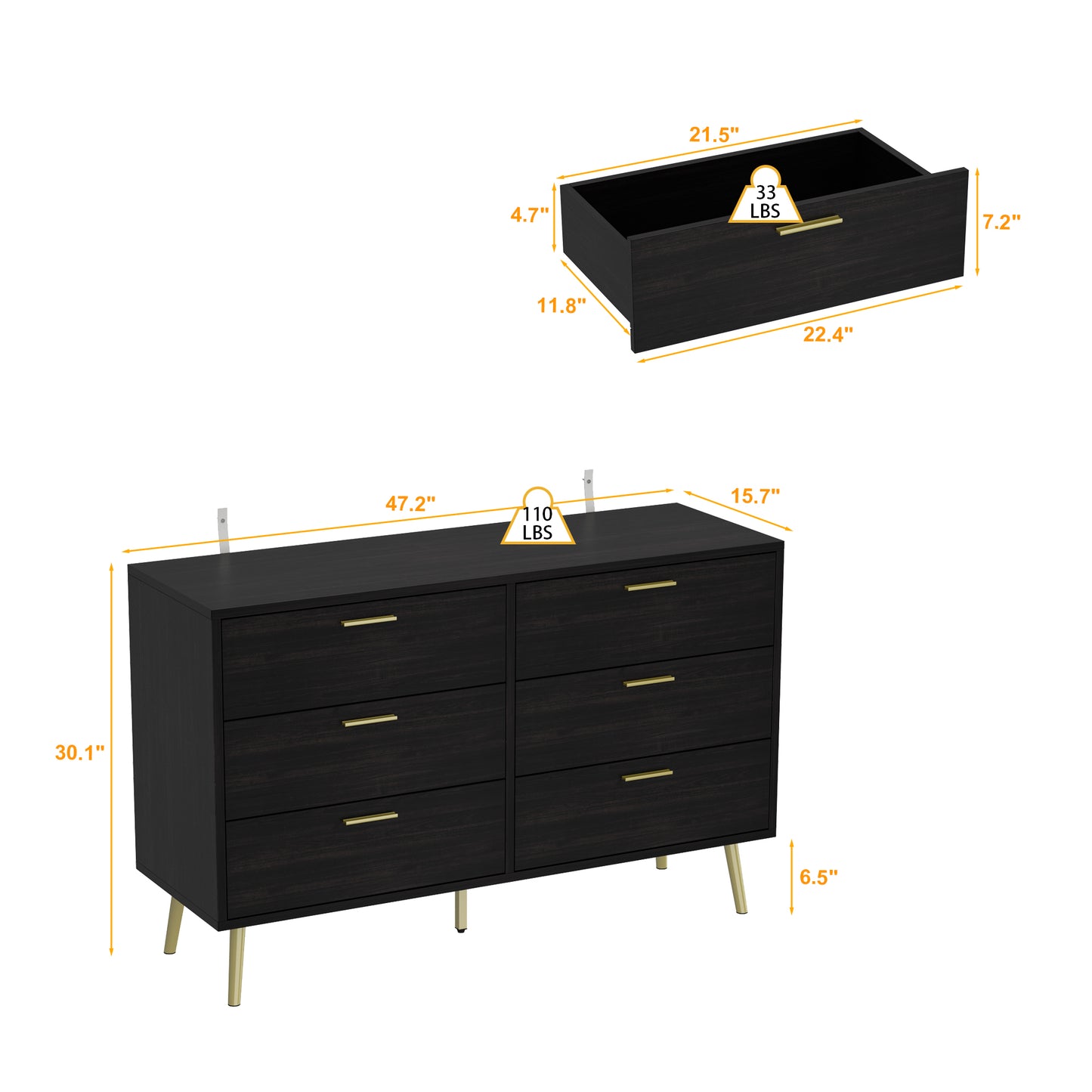 WIAWG 6 Drawer Double Dresser ,Sturdy Modern Dresser with Drawers for Closet,Living Room,Entryway, Black