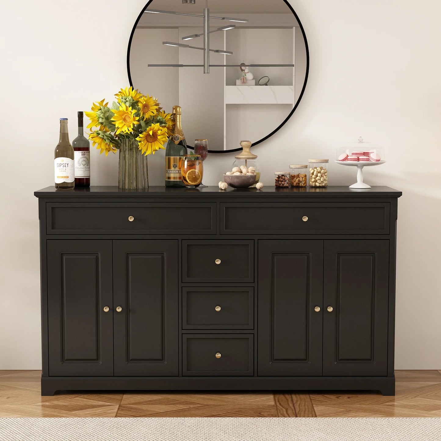 WIAWG Dresser with 5 Drawers, 4-Door Accent Sideboard Buffet, 59.1" Wide, Black