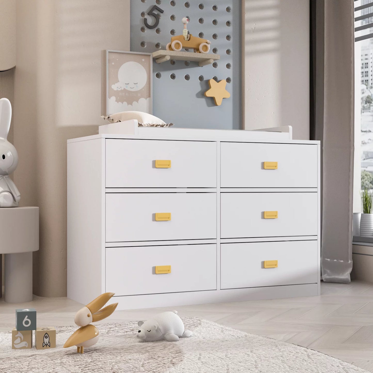 WIAWG Nursery Dresser with 6 Drawers Baby Changing Dresser for Bedroom with Metal Handles White