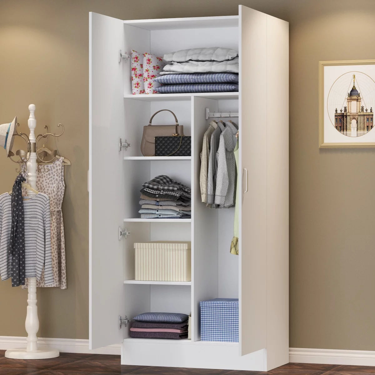 Closet Wardrobe Cube Organizer Storage, Tall 2-Door Storage Cabinet with Shelves and Hanging Bar, White