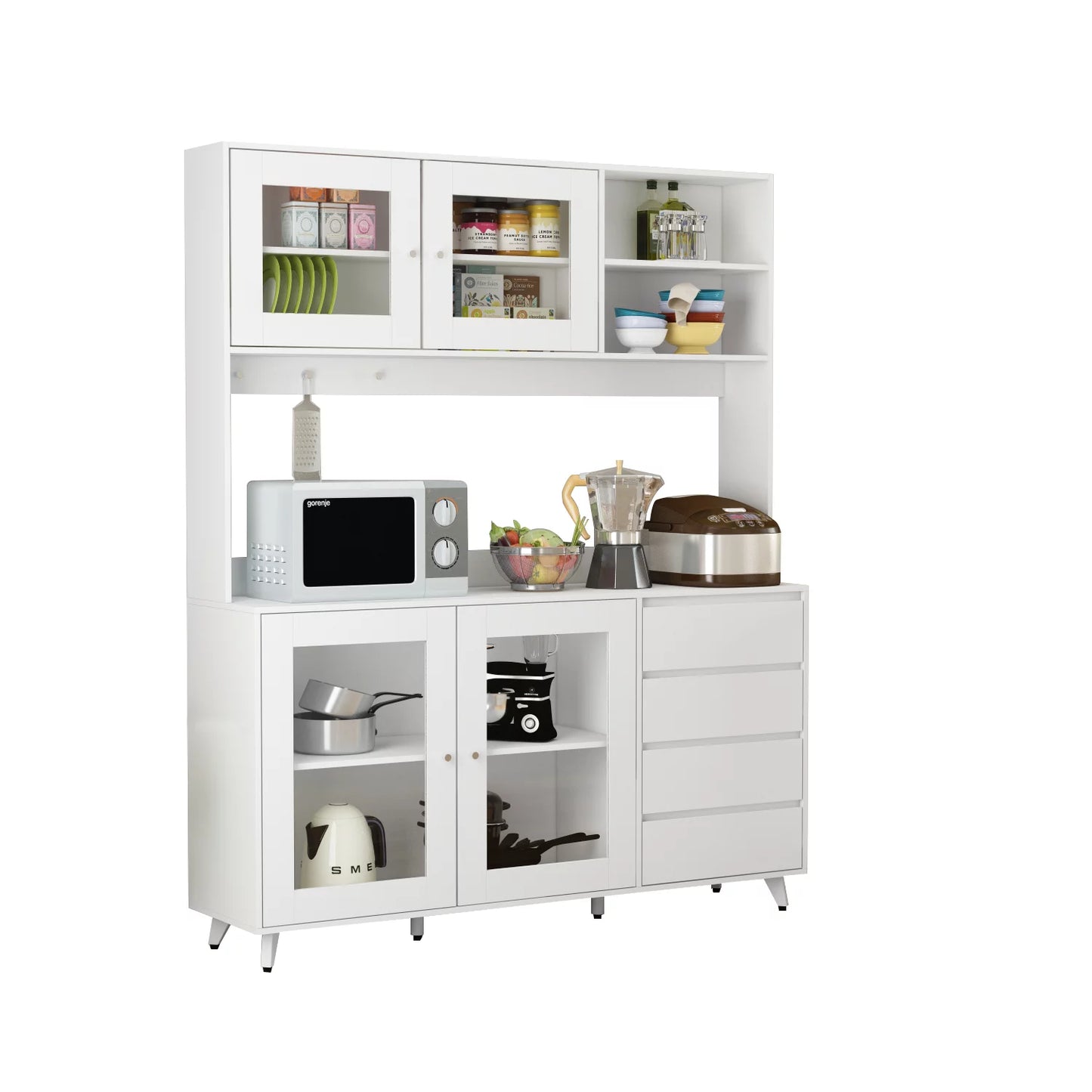 WIAWG Modern Kitchen Pantry Storage Cabinet with Hutch and Drawers,White Sideboard Buffet Cupboard with Glass Door,63"