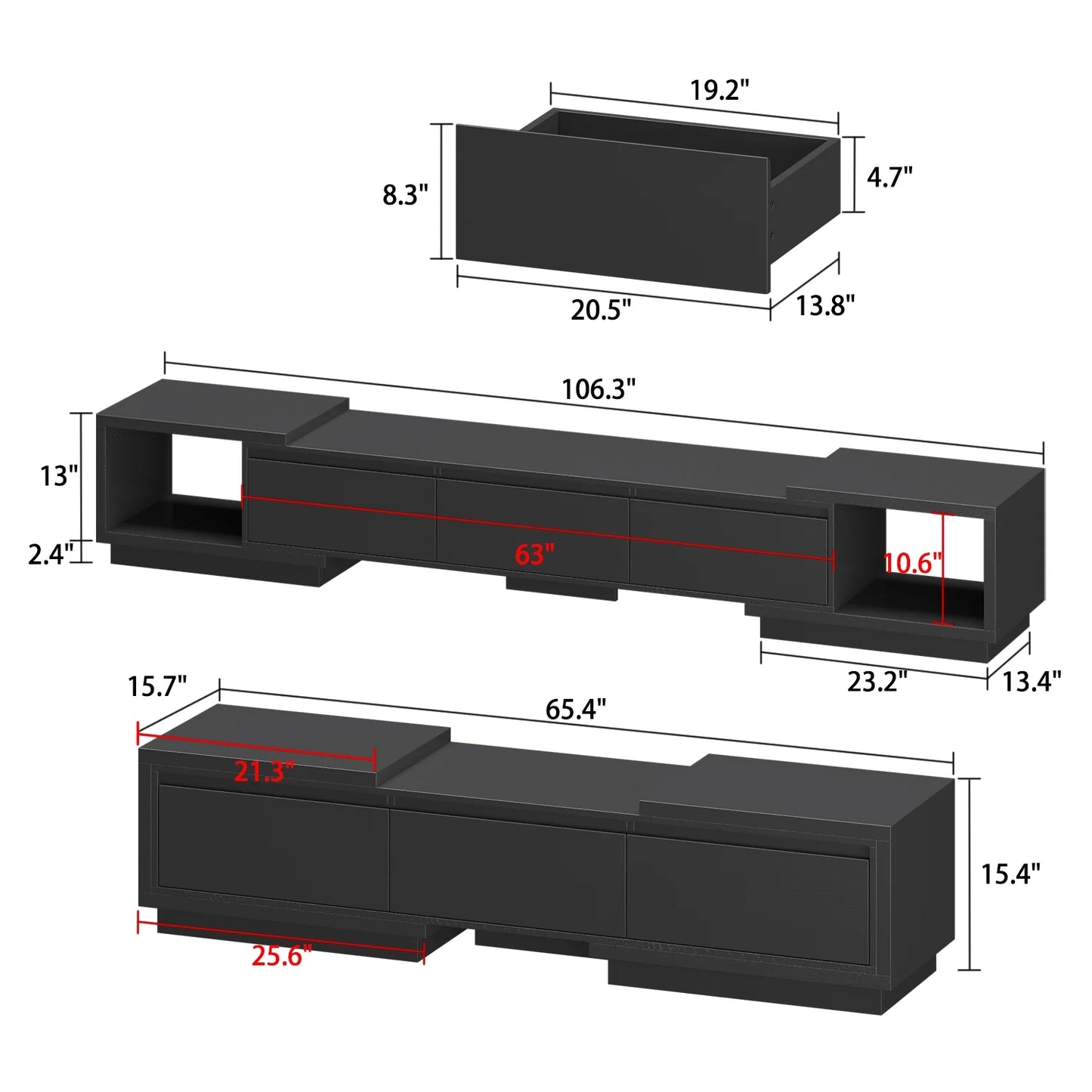 WIAWG Extendable TV Stand Media Storage with Drawers for Living Room, Black