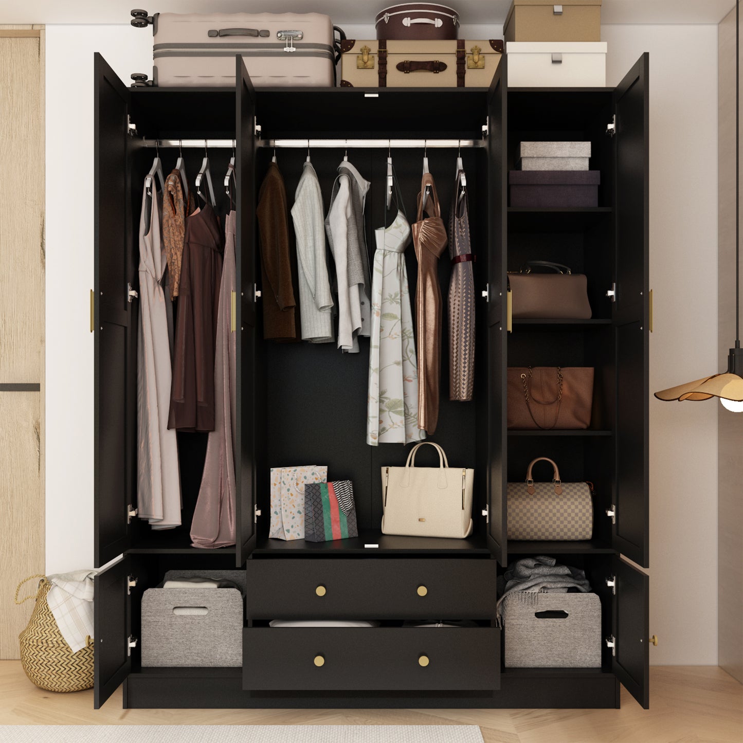 WIAWG 6-Doors Wardrobe with Rattan Accents ,2 Big Drawers Extra Storage Space For Bedroom,Black