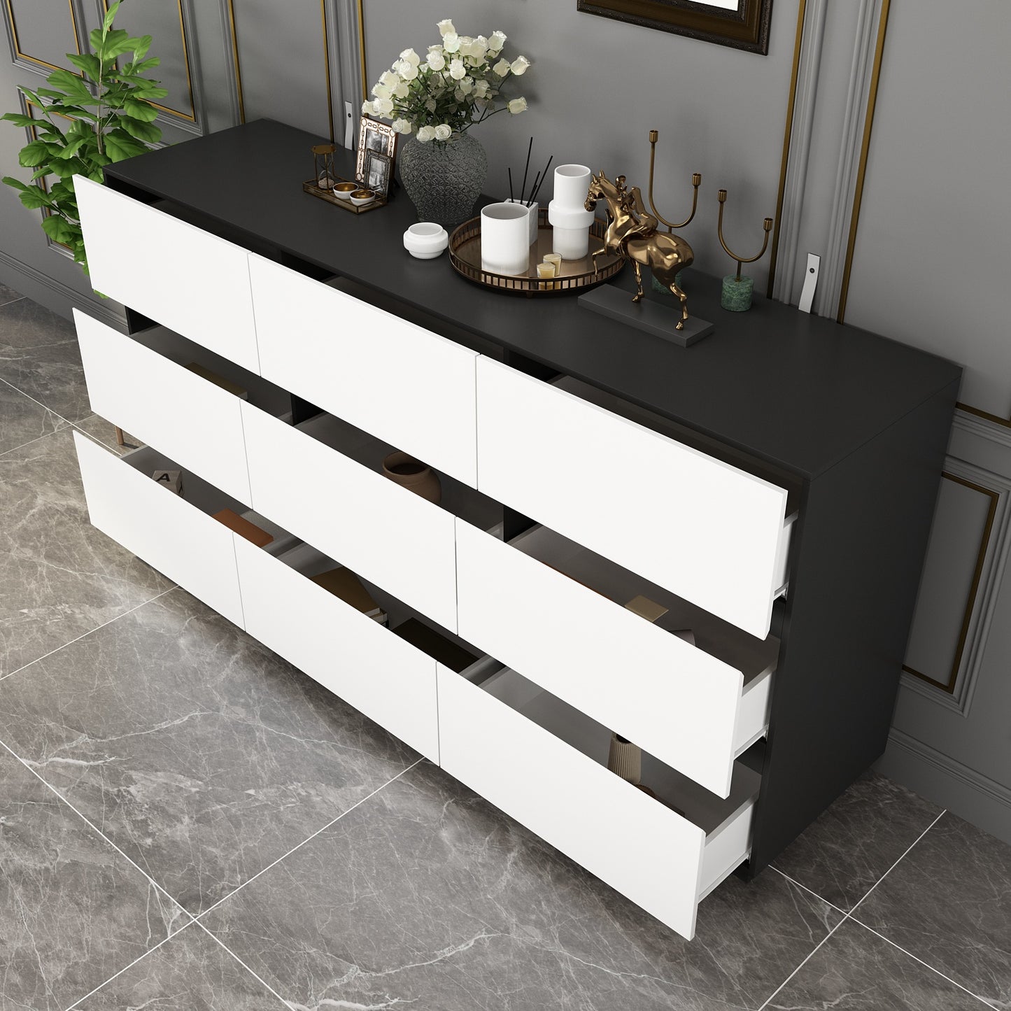 WIAWG 9 Drawers Dresser, Modern Chest of Drawer for Living Room Bedroom, White & Black, 63"