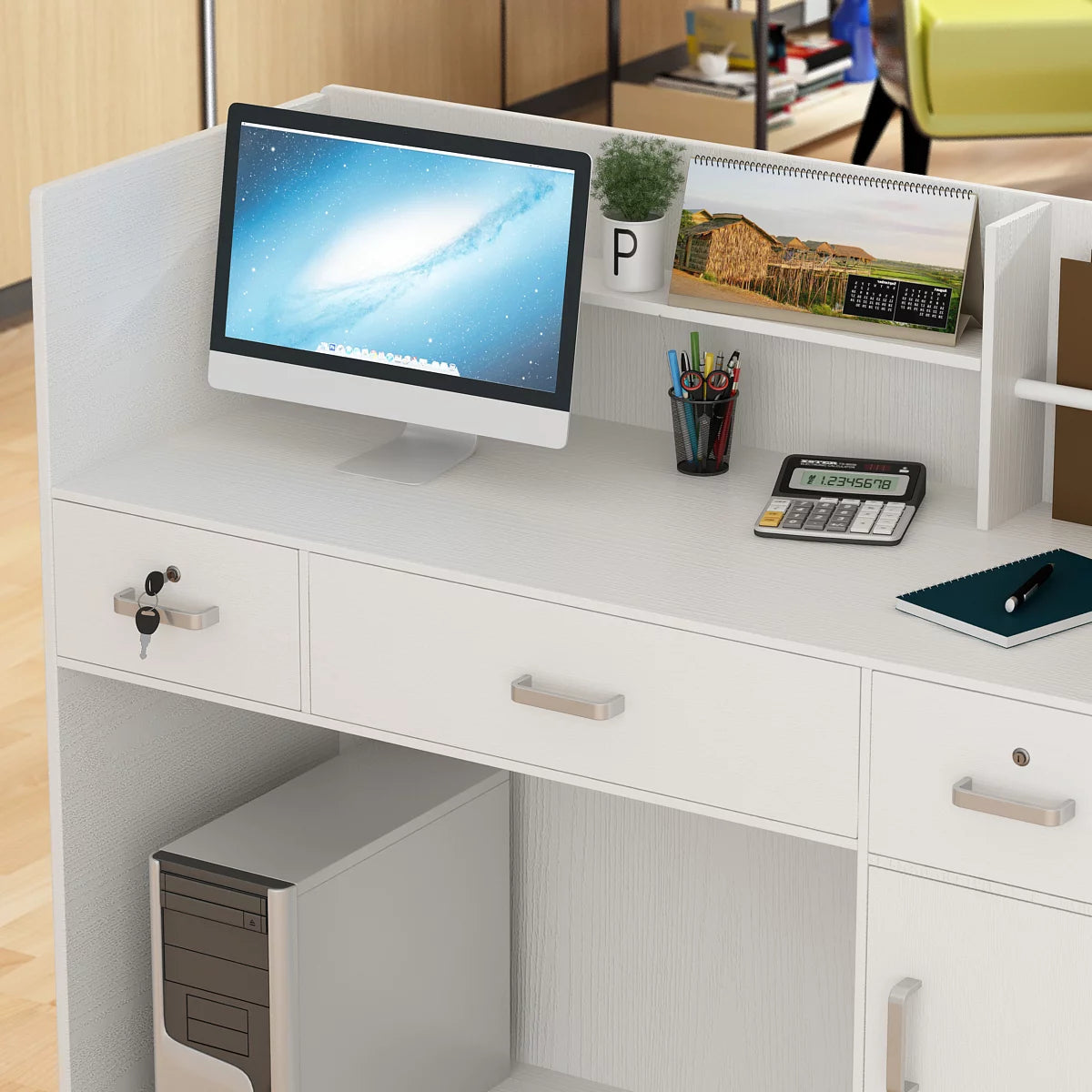 Reception Station with Counter, Office Register Stand Reception Area with Drawers, White