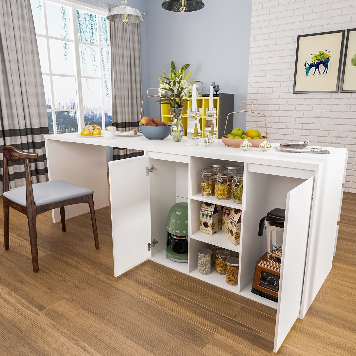 WIAWG Kitchen Island Storage Cabinet with Drawers and Open Shelves, White