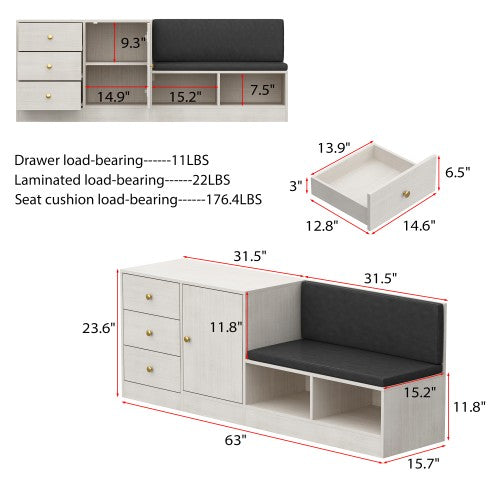 WIAWG Upholstered Shoe Storage Bench with Drawers, Beige Seat with Black Cushion, 3-Drawer and Open Shelves,Off-White