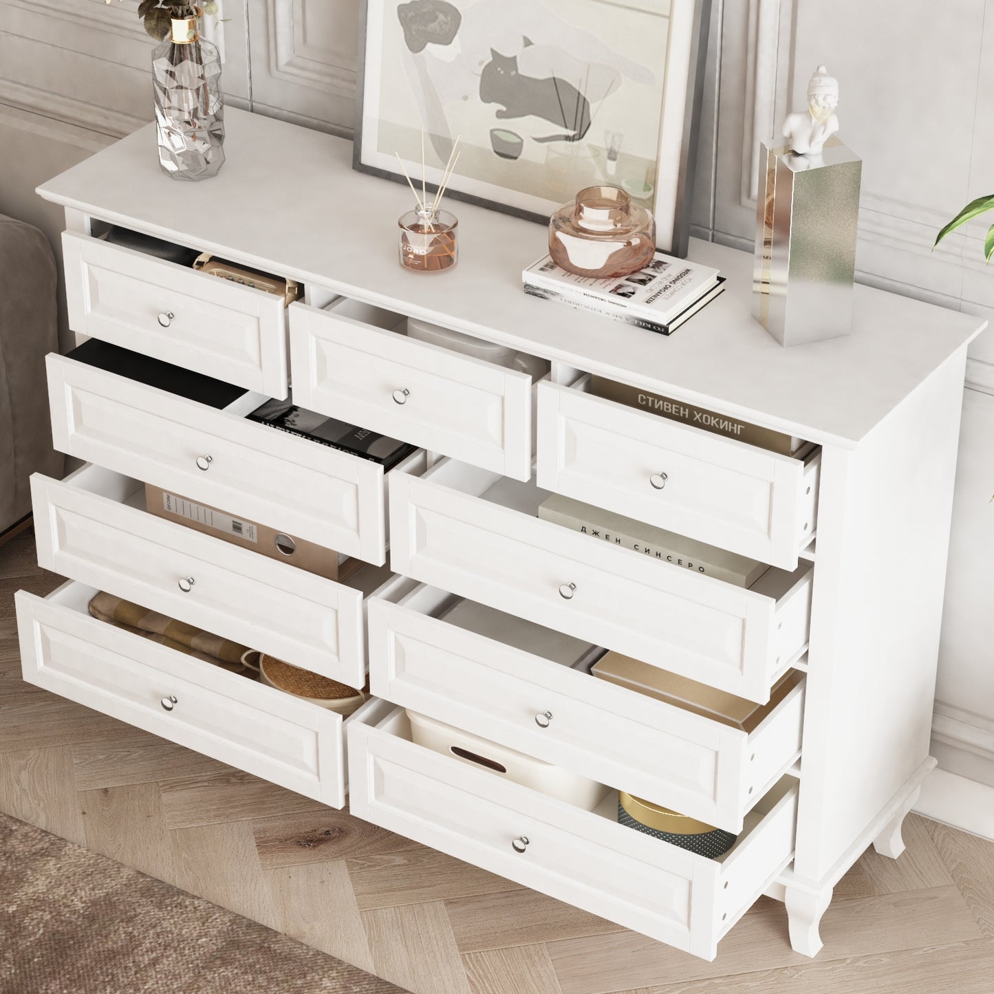 WIawg 9 Drawer Dresser with Carved Drawer Fronts & Solid Legs, 55.1" L White Modern Wood Storage Chest of Drawers for Bedroom, Living Room & Fitting Room