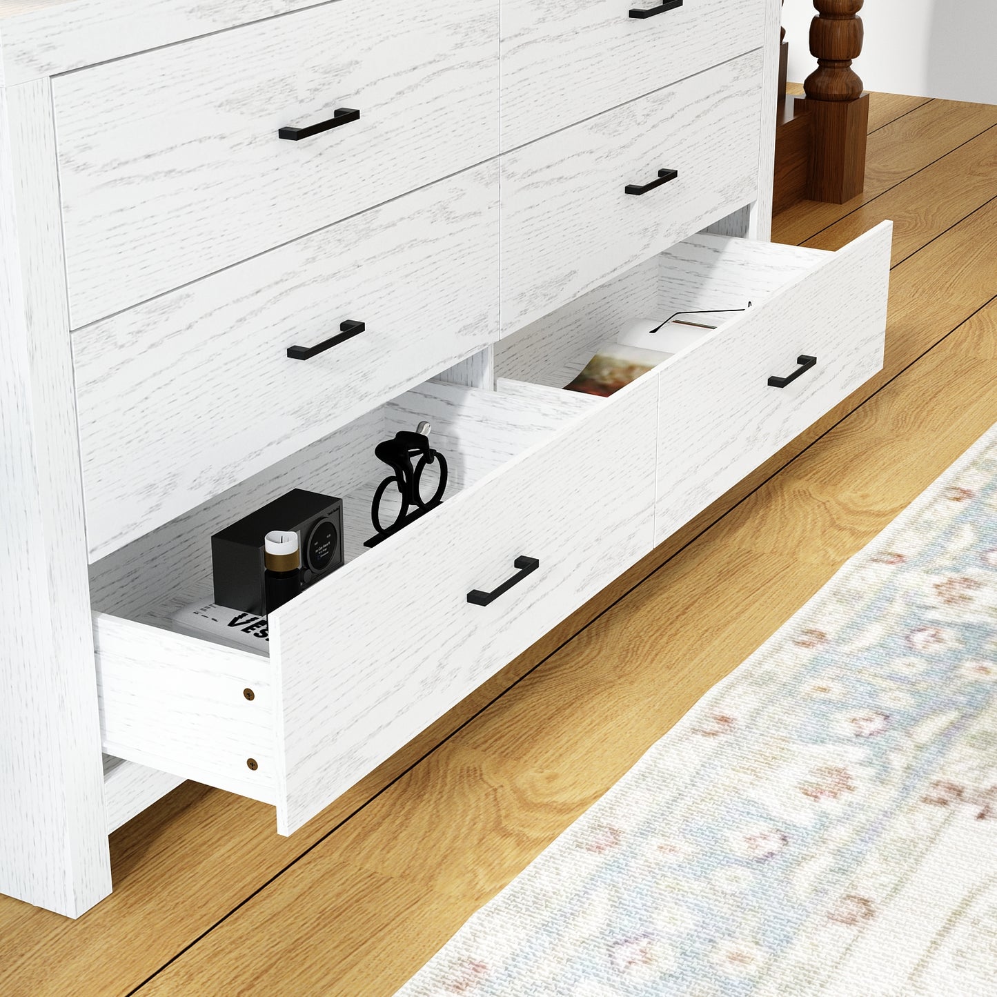 WIAWG 63" Dresser for Bedroom,6 Drawer Dresser, Chest of Drawers, Rustic Drawer Cabinet for Living Room Hallway Office, White Wood Grain