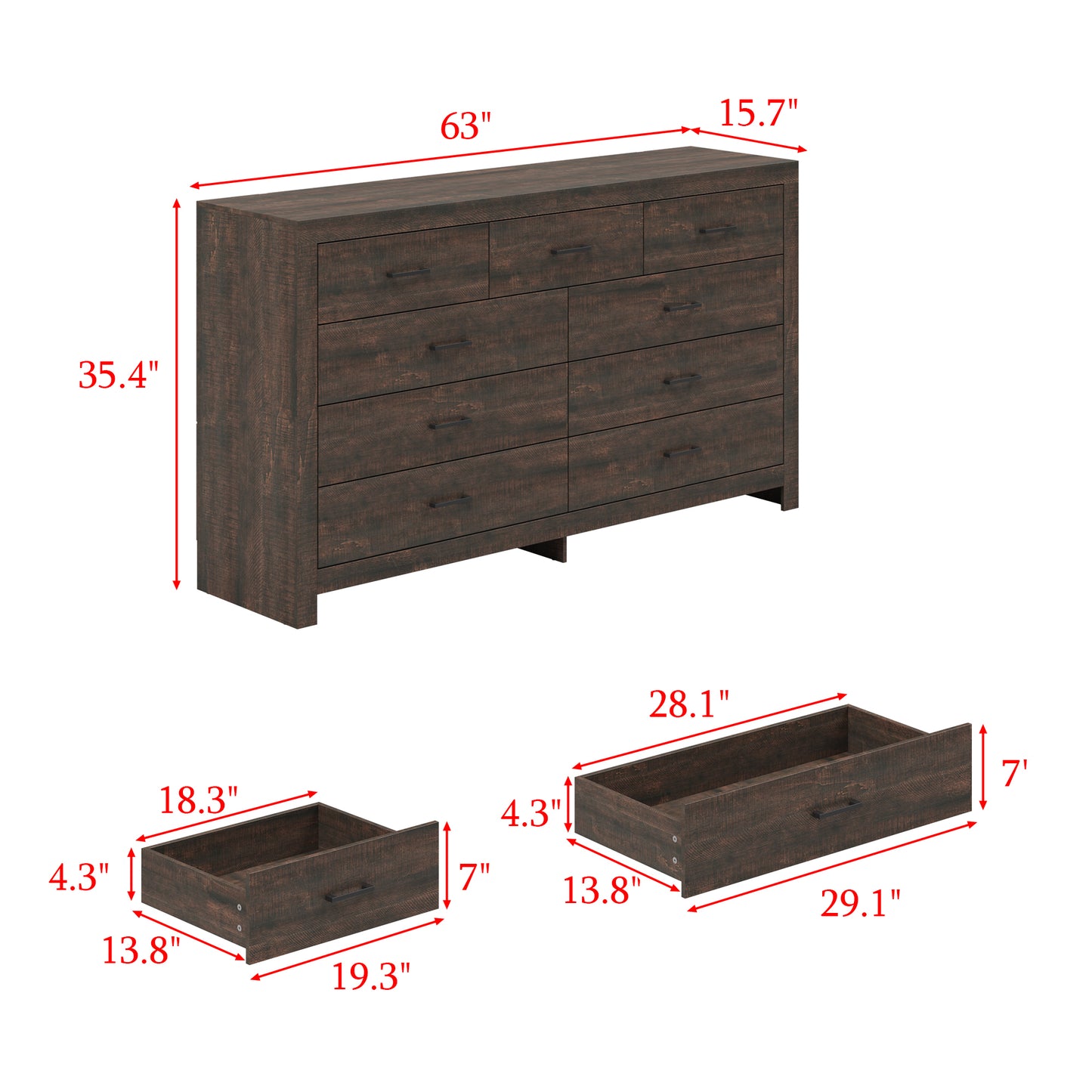 WIAWG 9 Drawer Dresser for Bedroom, 63” Wide Chest of Drawers, Rustic Drawer Cabinet for Living Room Hallway Office,Brown
