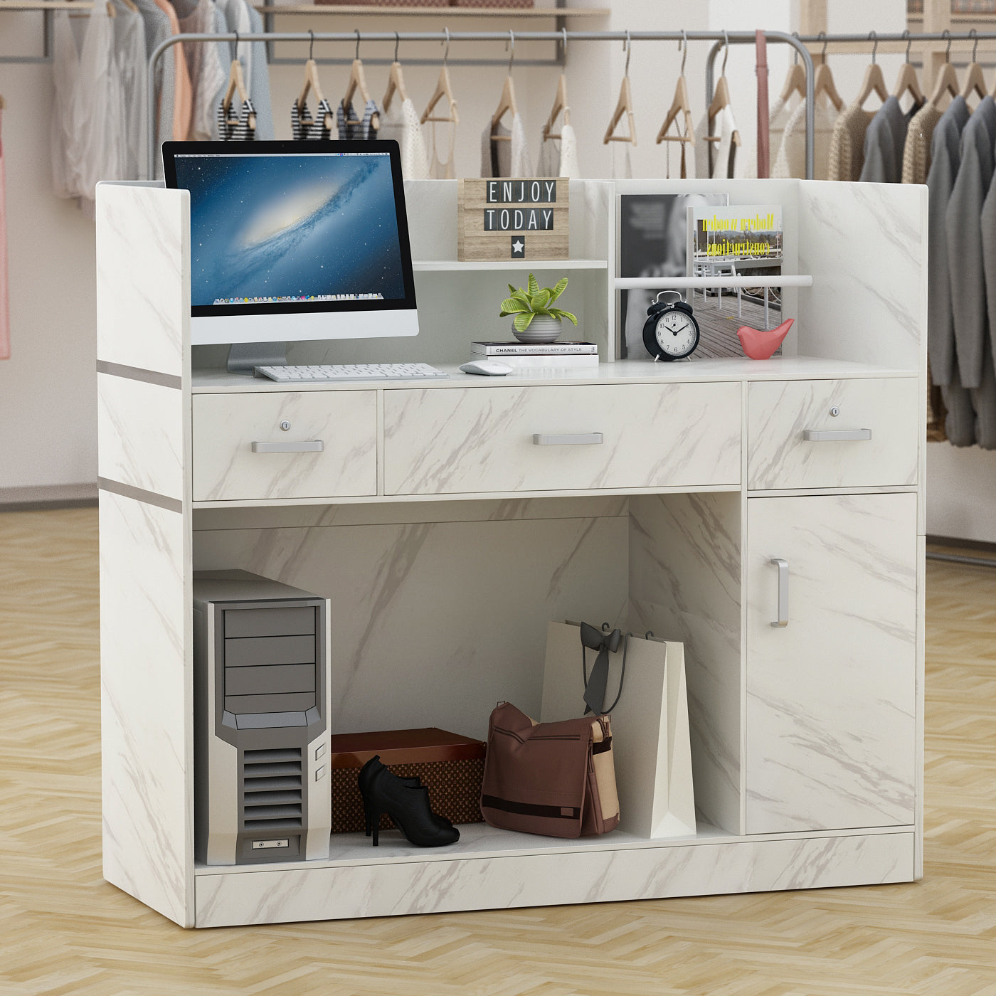WIAWG Office Reception Desk with Counter, Modern Reception Station with Drawer, Marble