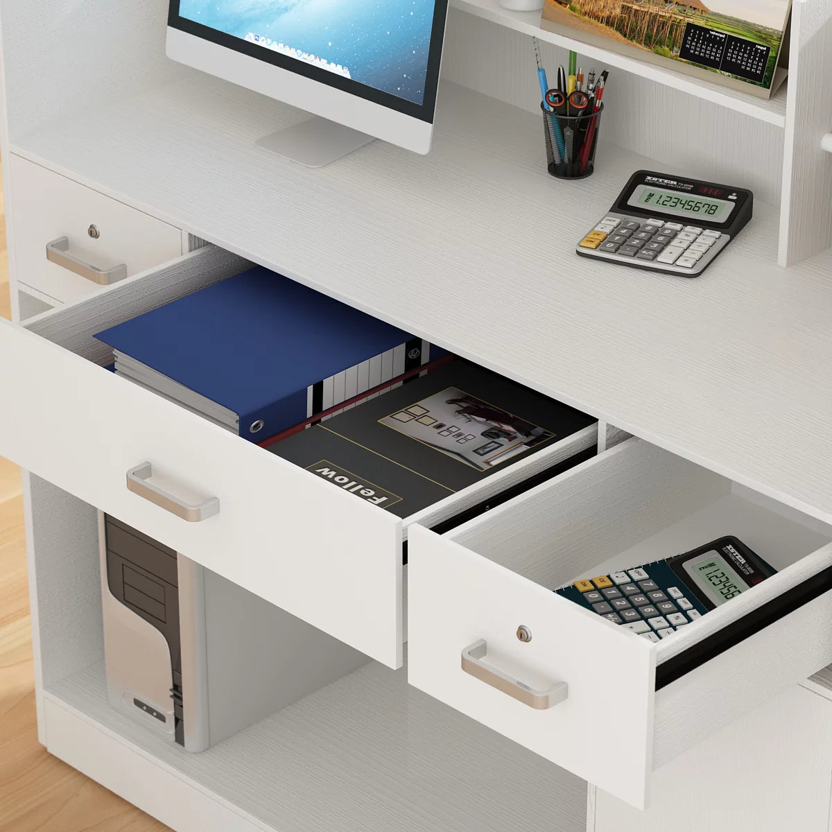 Reception Station with Counter, Office Register Stand Reception Area with Drawers, White