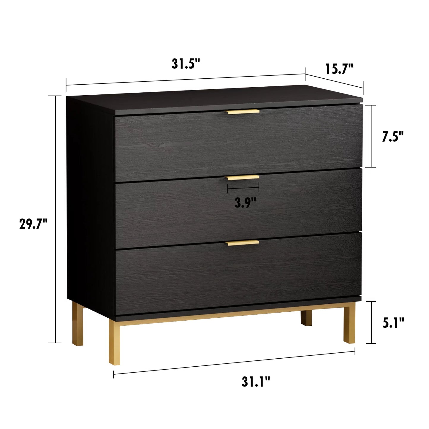 WIAWG 3 Drawer Wood Side Console Dresser End Table Cabinet Chest for Living Room Bedroom Black 31.1"