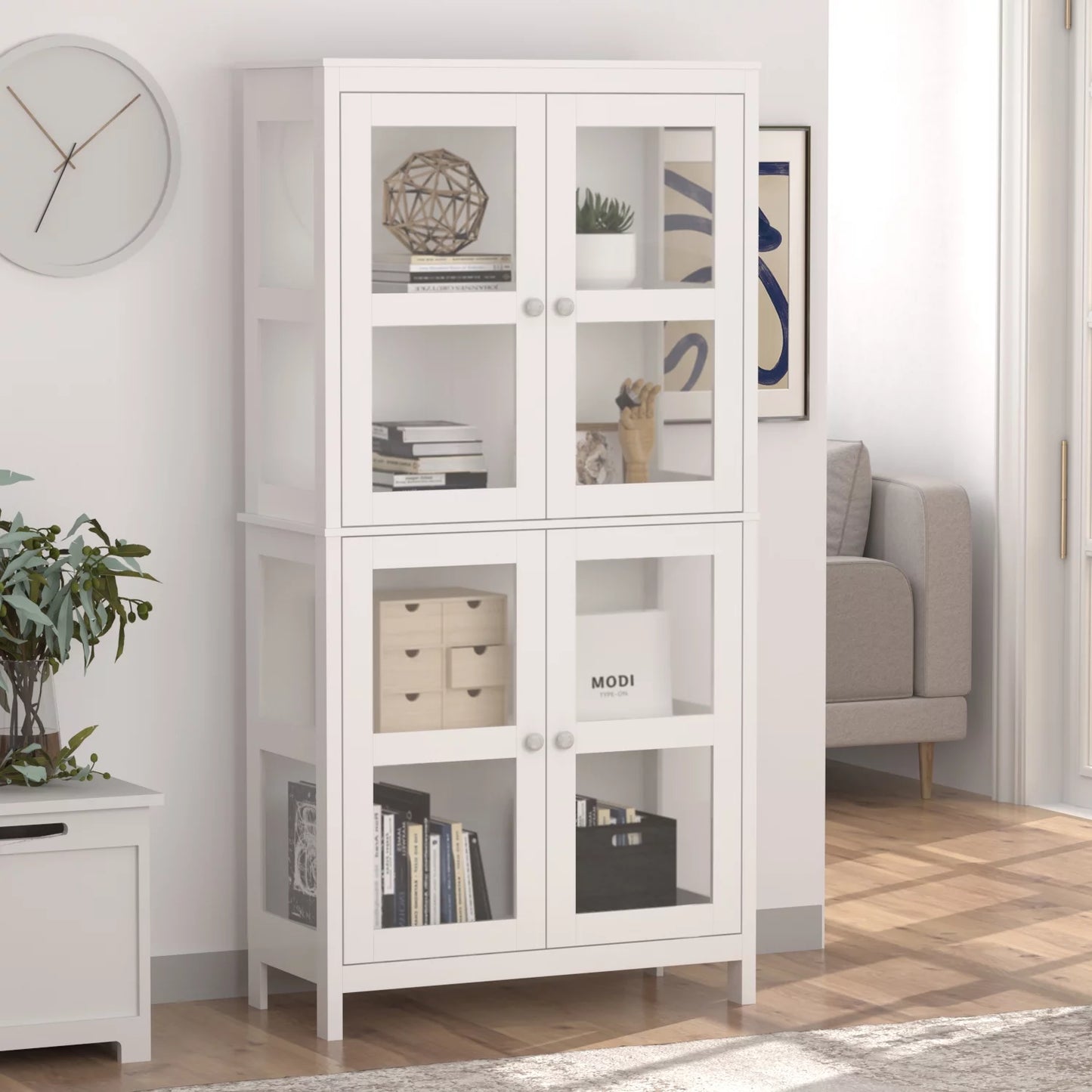 WIAWG Bookcase with 2 Curio Doors 4 Tier Bookshelf Display Cabinet White