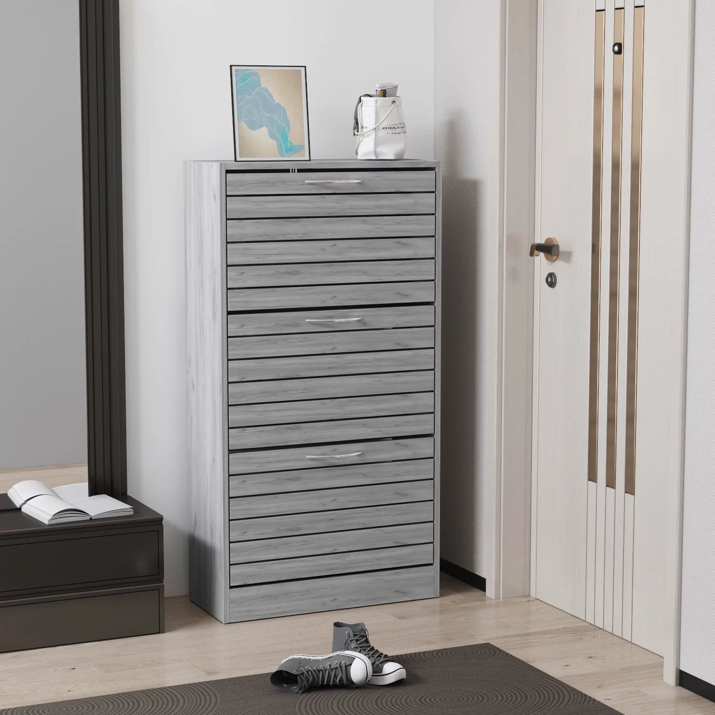 WIAWG Shoe Cabinet Wood Shoe Rack Storage Cupboard with 3 Tilt-out Doors Gray