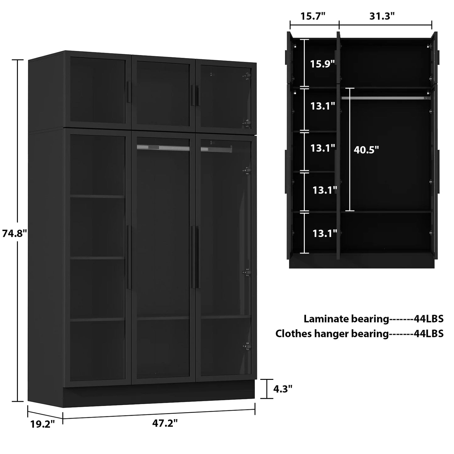 WIAWG Bedroom Wardrobe with Lights, Armoires Closet Storage Cabinet with Hanging Rod and Glass Doors