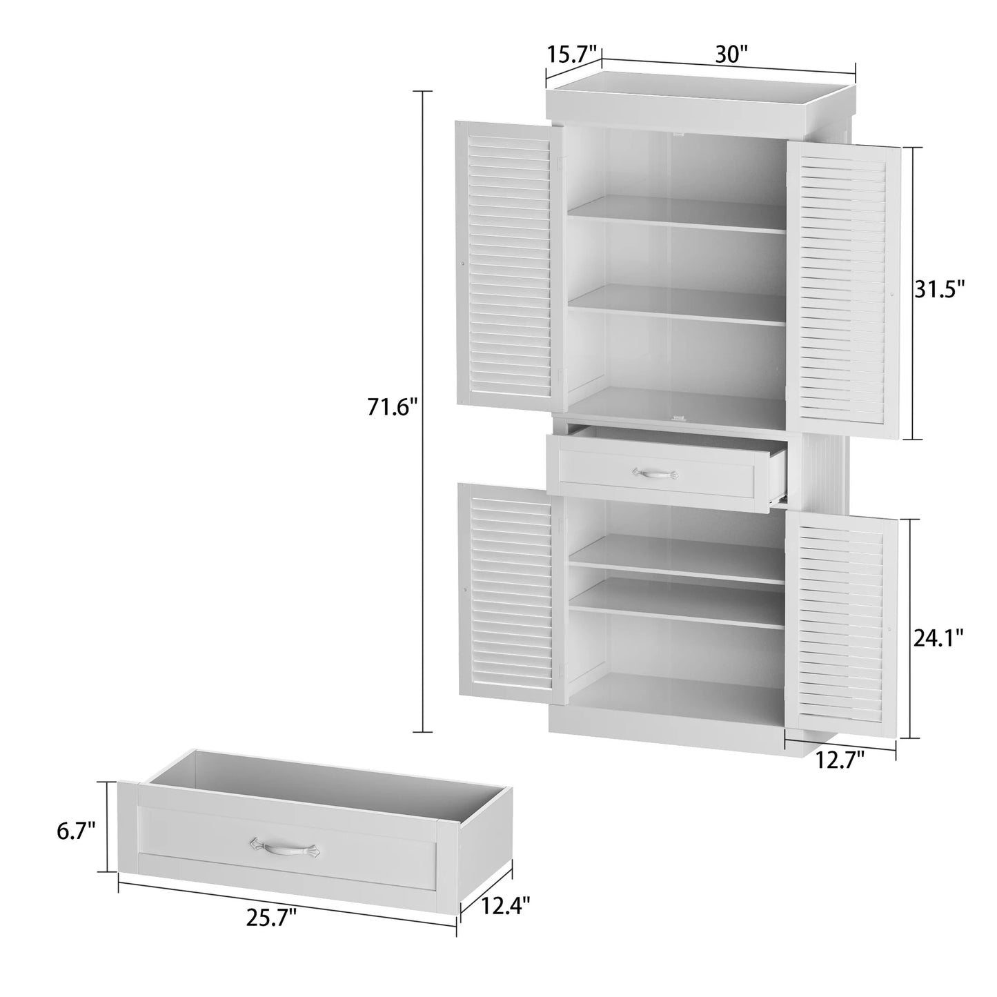 WIAWG Kitchen Storage Cabinets with Shutter Door and Central Drawer, 71.6" Tall Pantry Shelves Cupboard Organizer for Home