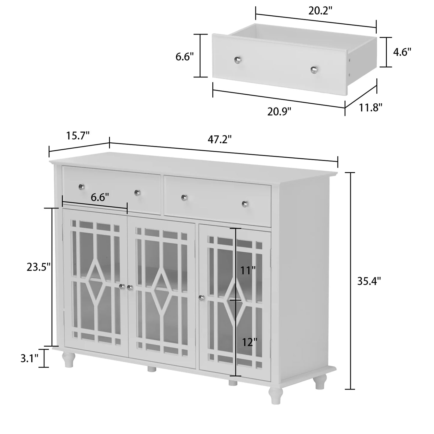 WIAWG Sideboard Buffet with Glass Door and Adjustable Shelf, 3-Door Accent Storage Cabinet with Drawers for Entryway Living Room White 47.2"