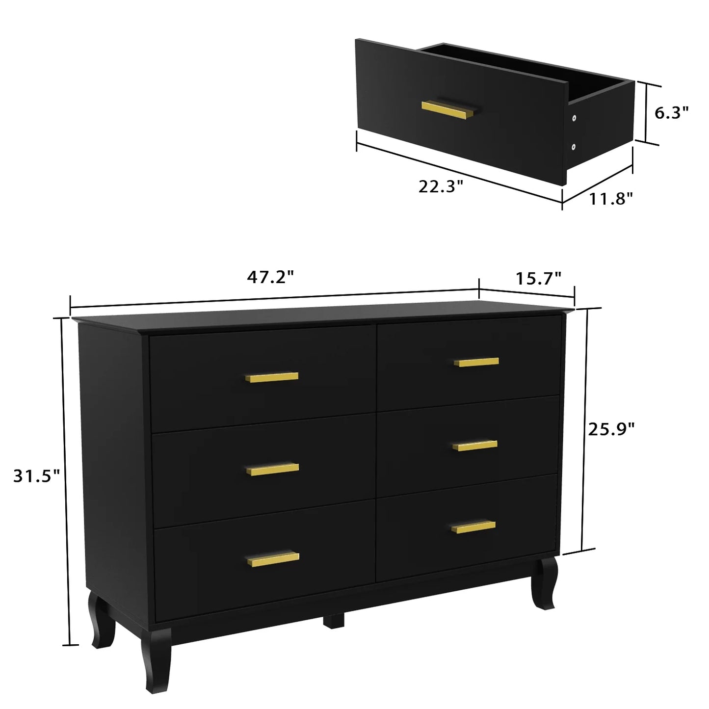 WIAWG Modern Mid Century 6 Drawer Dresser with for Bedroom Black Wood