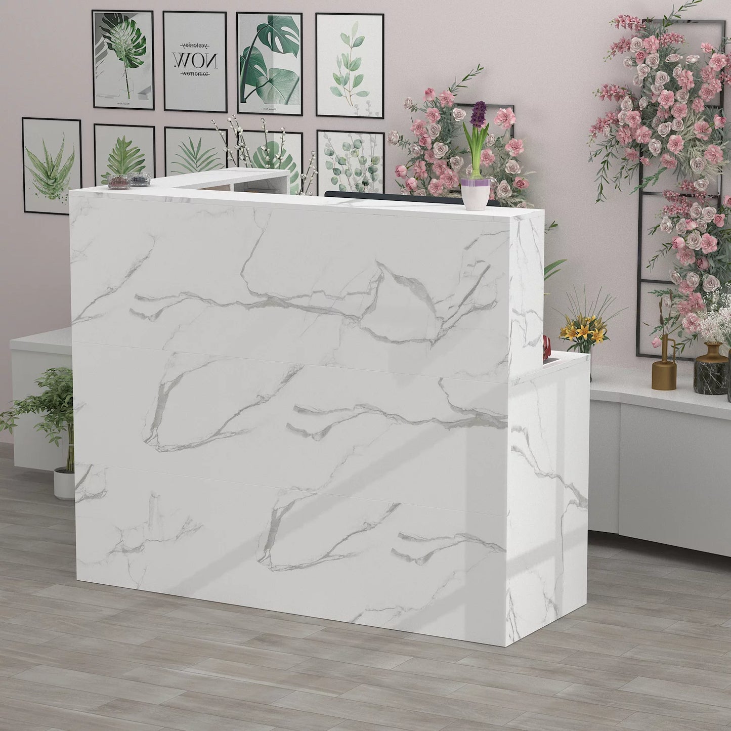WIAWG 55.9" Reception Desk for Office/Salon Wooden L Shaped Reception Station with Drawer Marble White