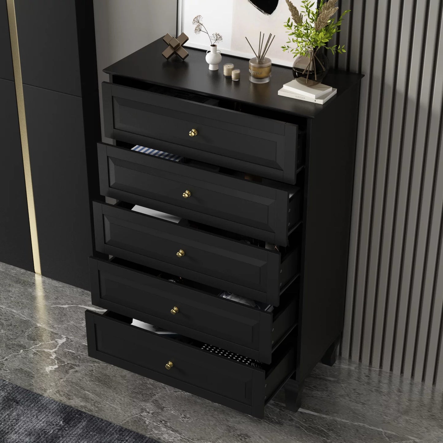 WIAWG 5 Drawer Dresser, Wood Chest of Drawers Storage Cabinet for Bedroom Living Room, Black