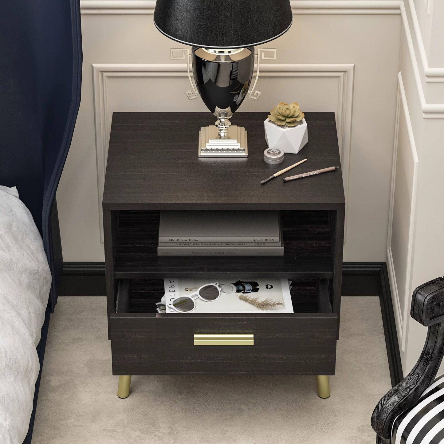 WIAWG Set of 2 Nightstand, End Table with Drawer and Open Shelf for Living Room Bedroom, Black