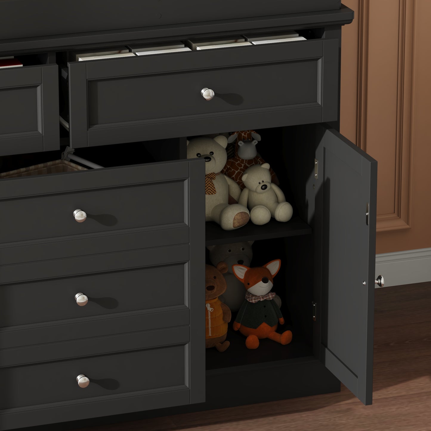 WIAWG Nursery Dresser with Changing Table Top, 46" W Baby Dresser with 2 Drawers,Storage Organize Station for Nursery and Baby Bedroom,Black