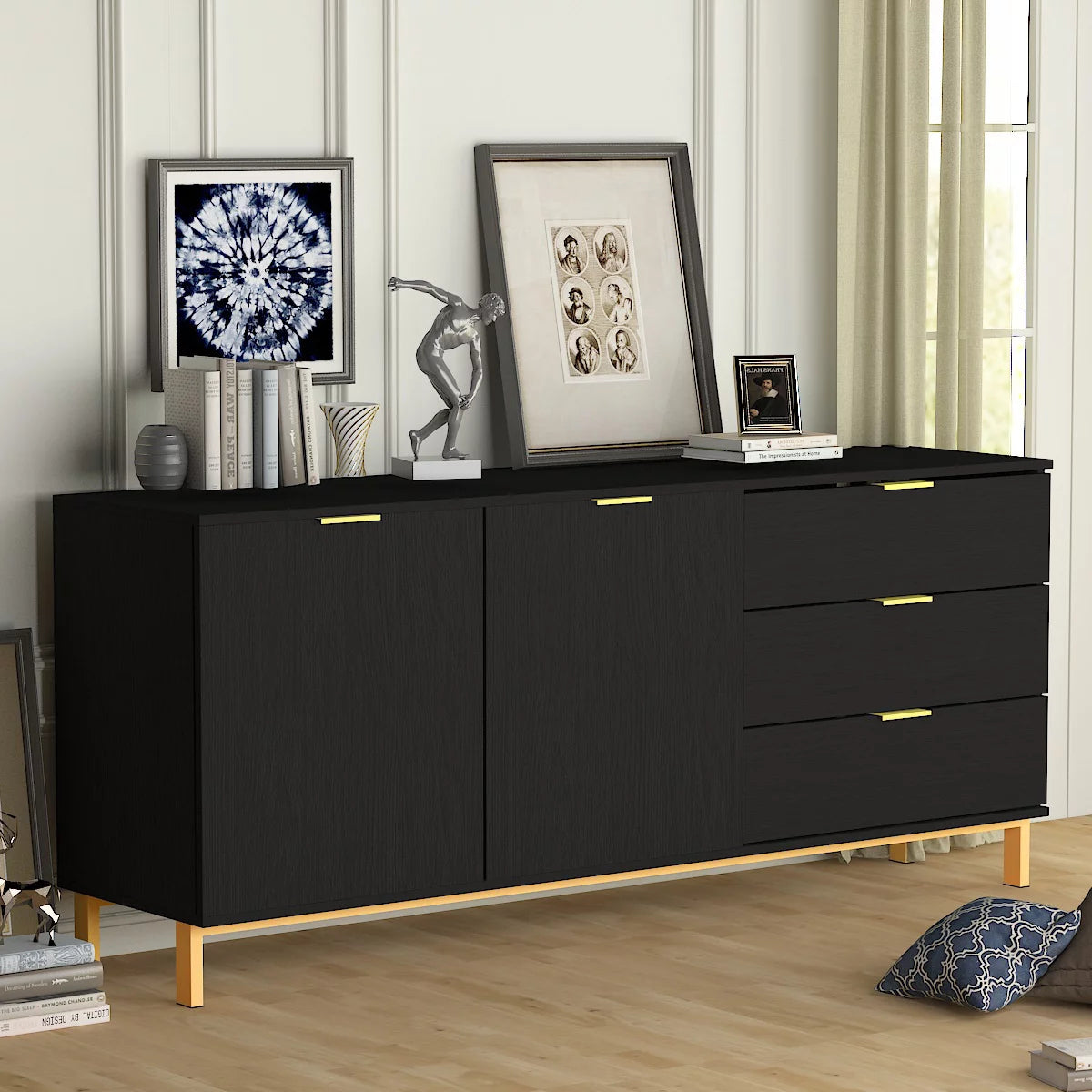 WIAWG 62.9" TV Console Table TV Stand Cabinet with Drawers for Living Room Black