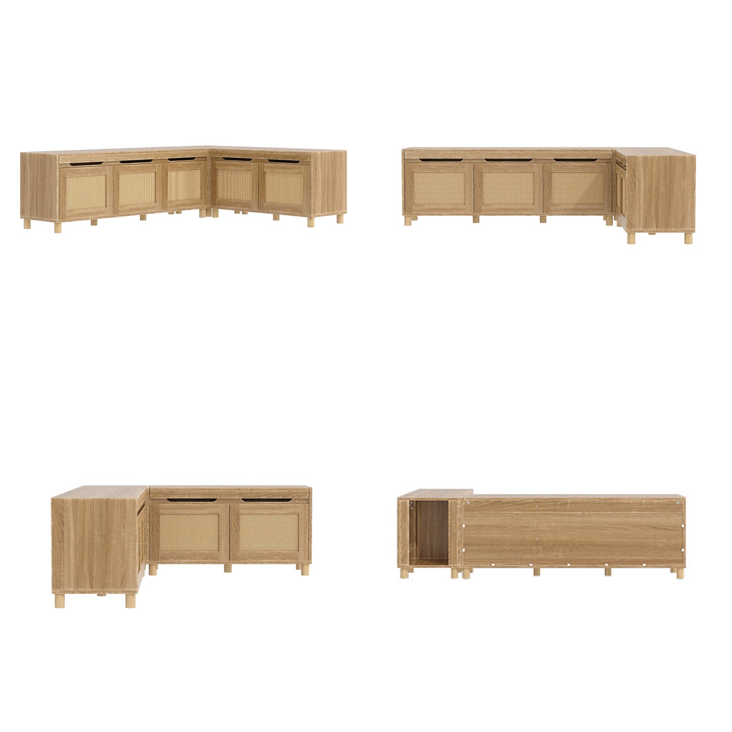 WIAWG L-Shape Storage Bench with Rattan Patterns & Solid Legs, Corner Shoe Bench with Hidden Storage Compartments, Backless Breakfast Dining Nook Bench for Kitchen, Entryway, Natural