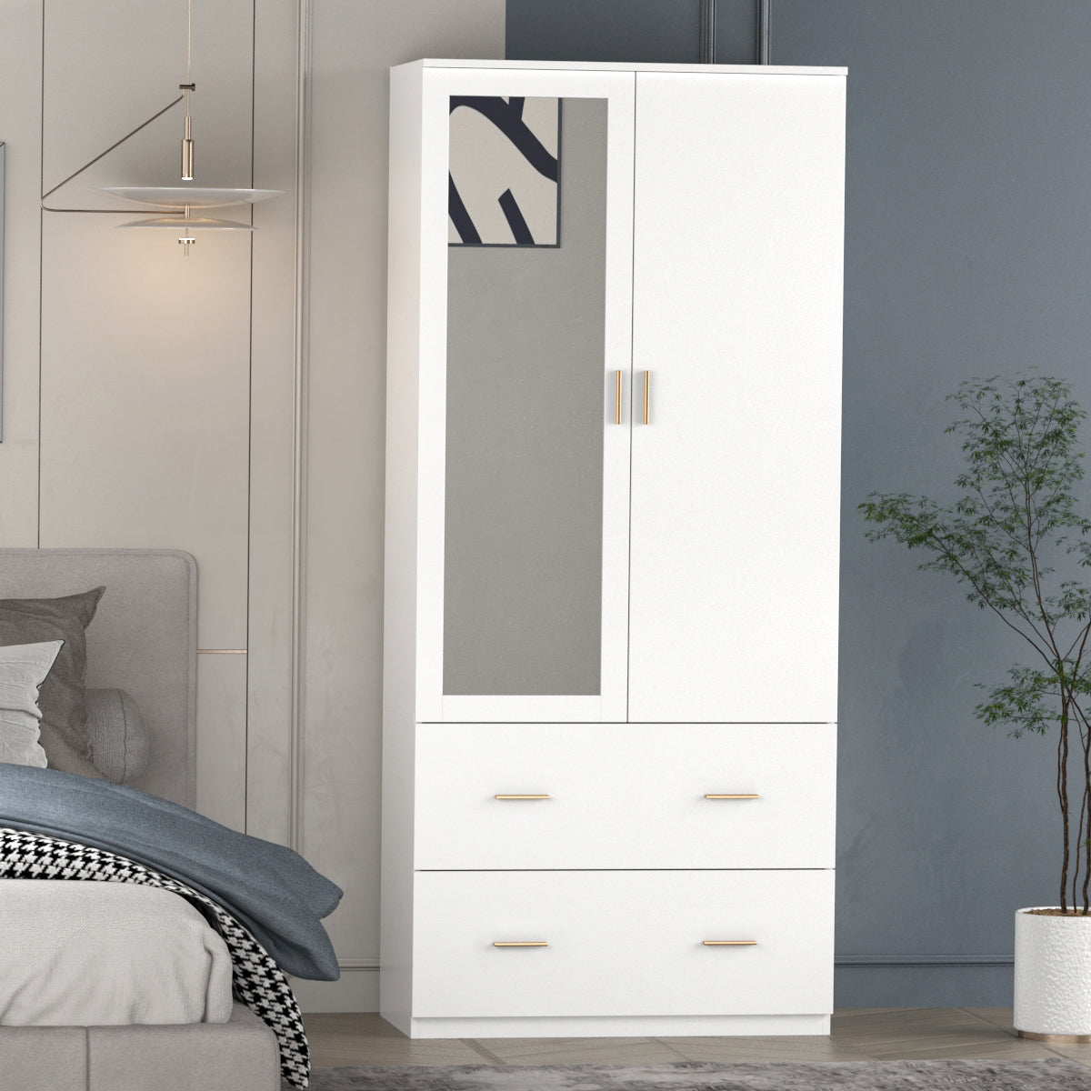 WIAWG Armoire Wardrobe Closet with Mirror Doors and Hanging Rod for Bedroom White