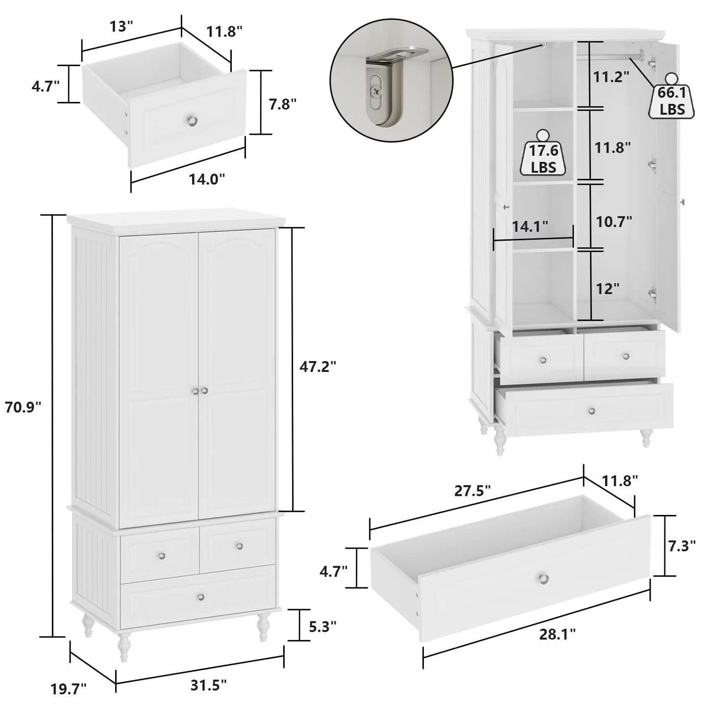 WIAWG 2-Door Wardrobe Armoire Closet with 3 Drawers and Hanging Rod, White