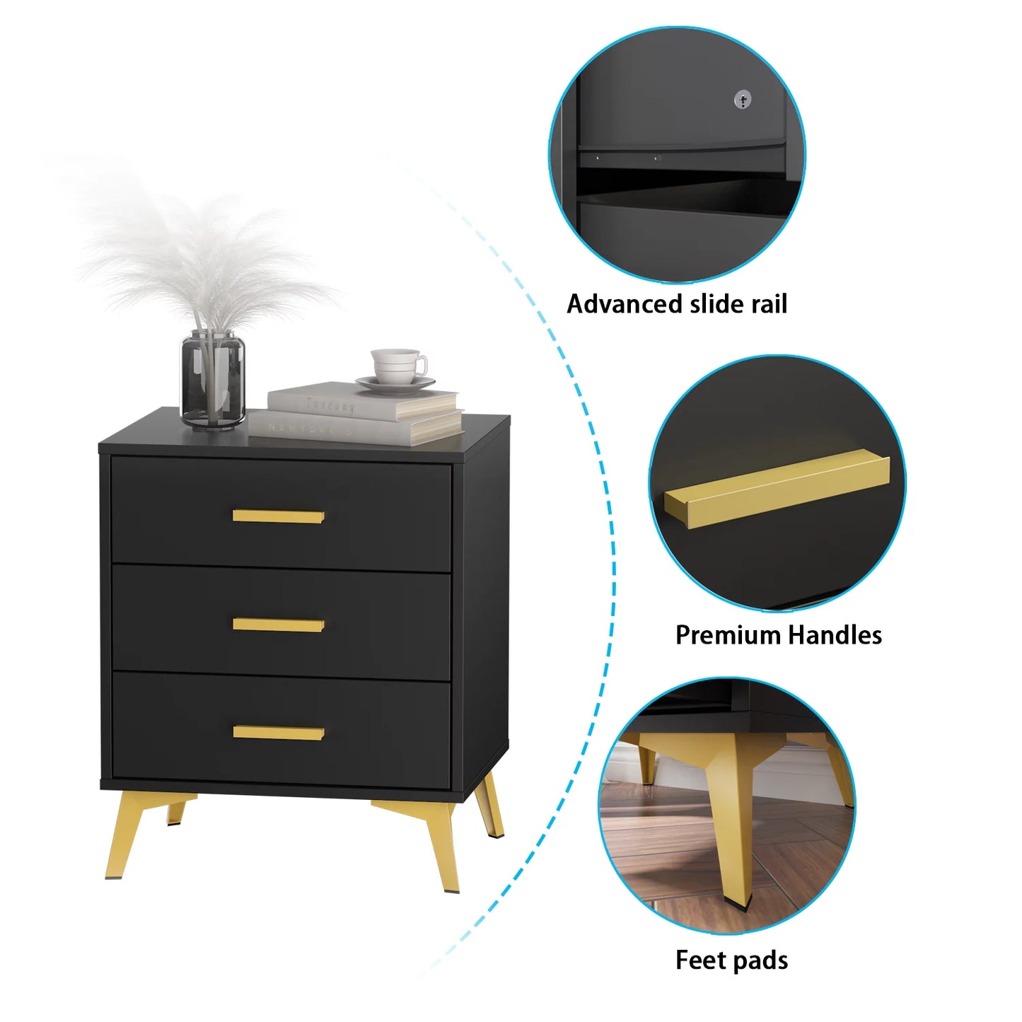 WIAWG Nightstand with 3 Drawers, End Side Table for Bedroom Living Room, Black
