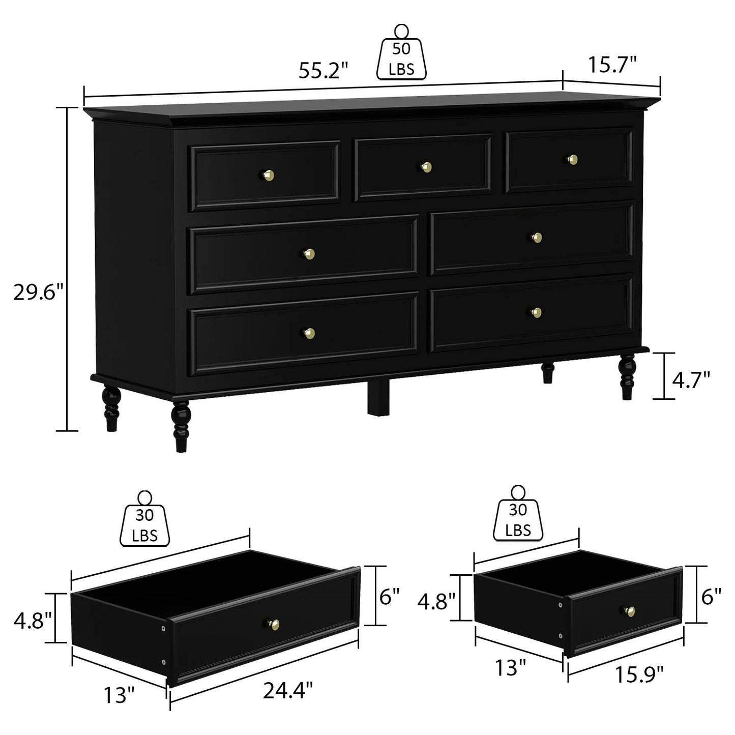 WIAWG 7 Drawer Dresser, Chest of Drawer Wooden Dresser for Bedroom Living Room, Black