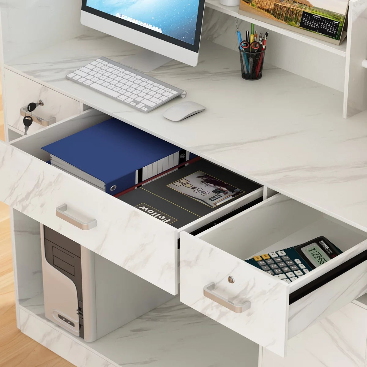 Reception Station with Counter, Office Register Stand Reception Area with Drawers, Vein