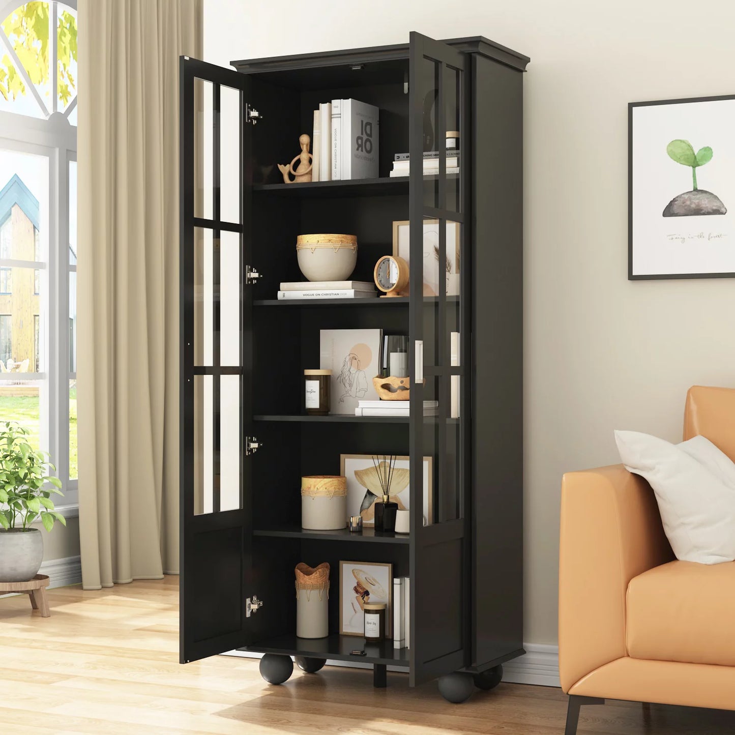 WIAWG Bookcase with 2 Doors and 5 Shelves Black Wood 31.5"