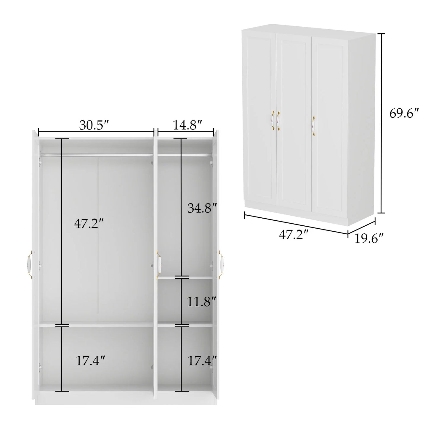 WIAWG Wardrobe Armoire with Hanging Rod 3 Door Armoire Wardrobe Closet White