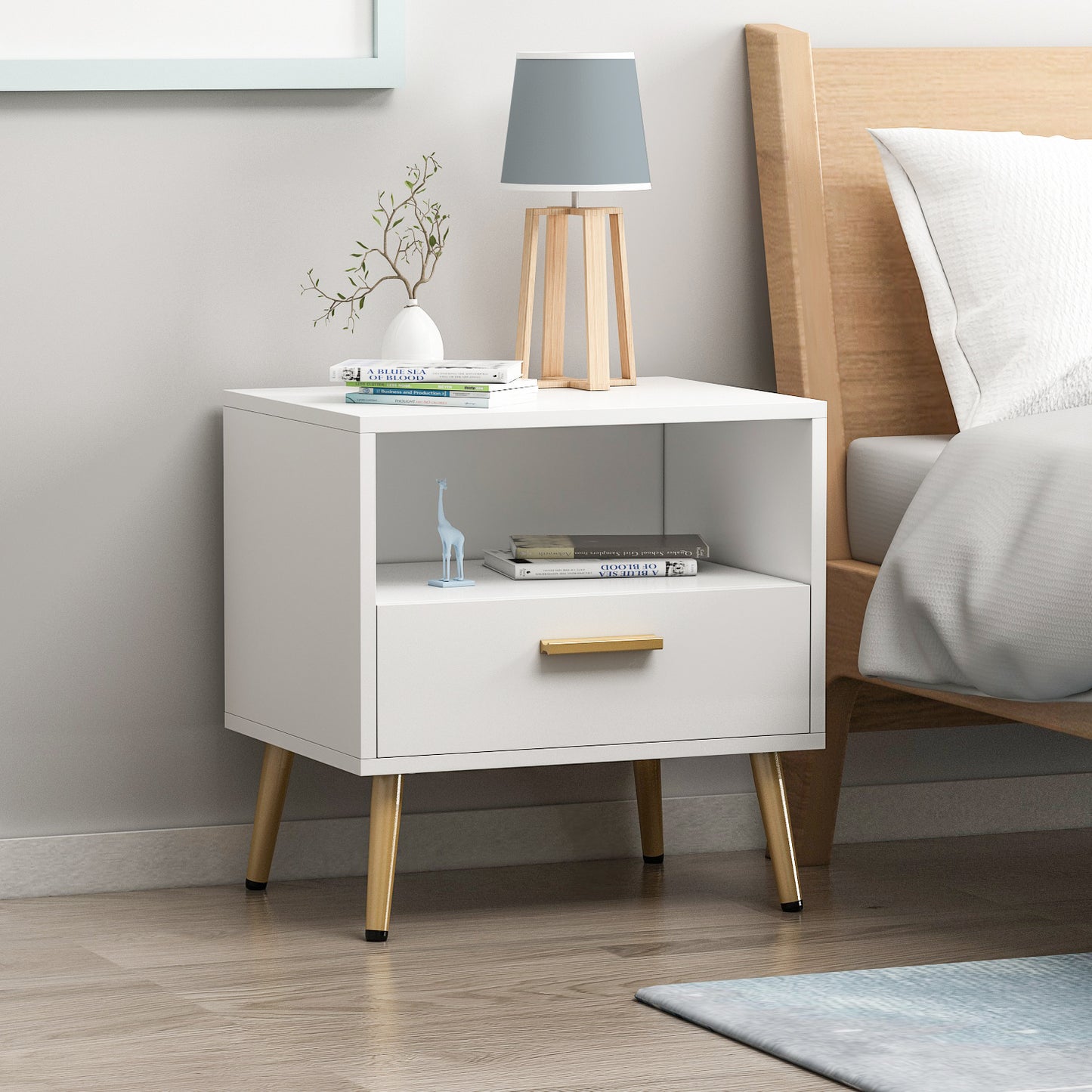 WIAWG Modern Nightstand for Bedroom Side Table with Drawer and Shelf White Set of 2