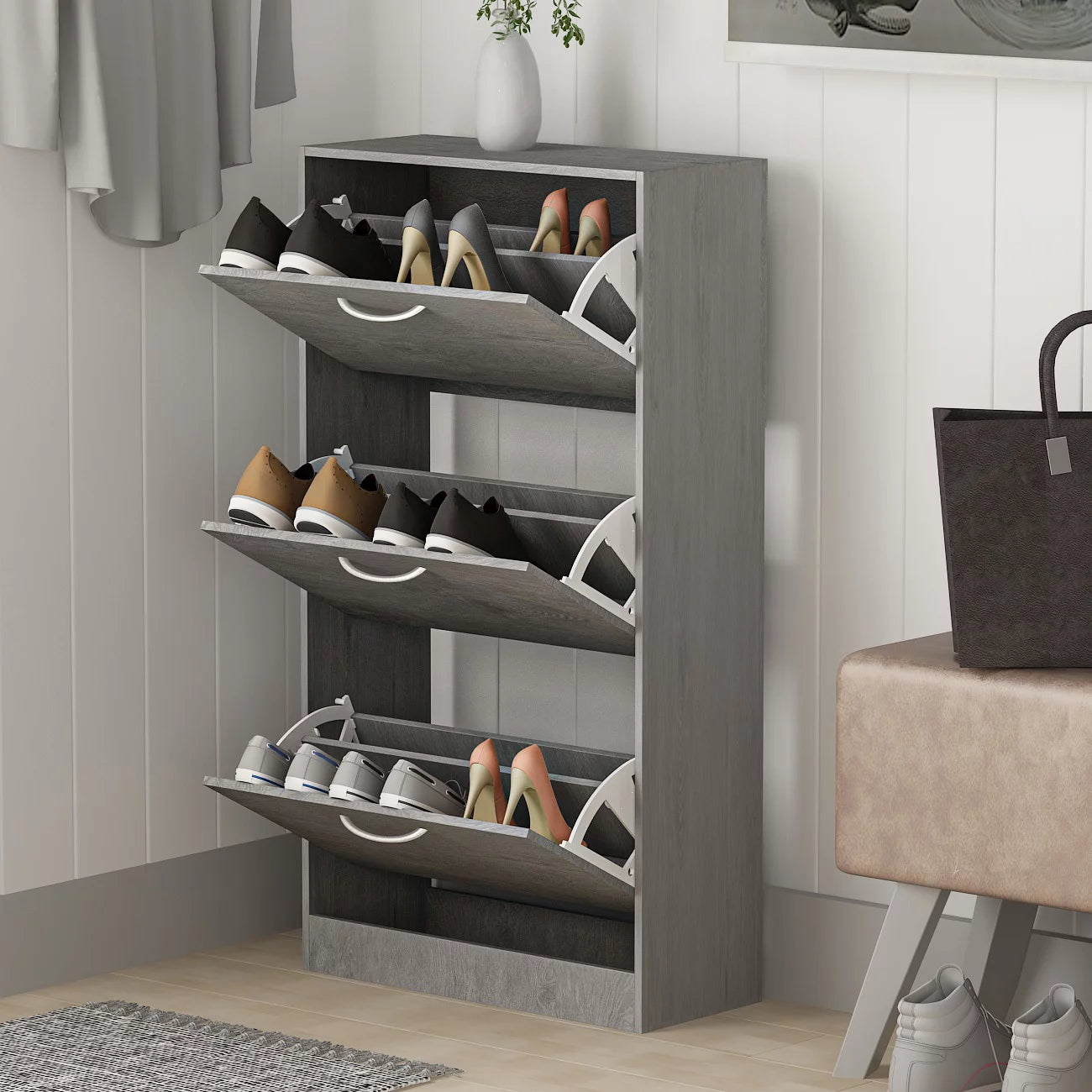 WIAWG 3 Drawers Shoe Cabinet for Entryway , Shoe Storage Cupboard Organizer Unit, Gray