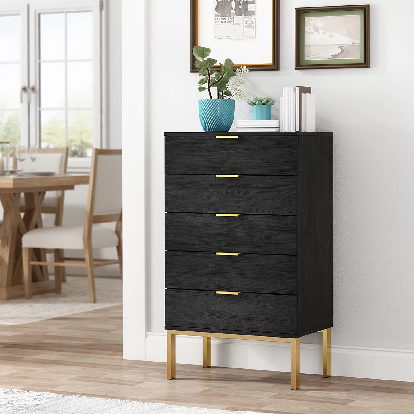 WIAWG 5-Drawer Dresser Chest, Modern Storage Tower with Metal Frame, Organizer Unit for Bedroom, Black