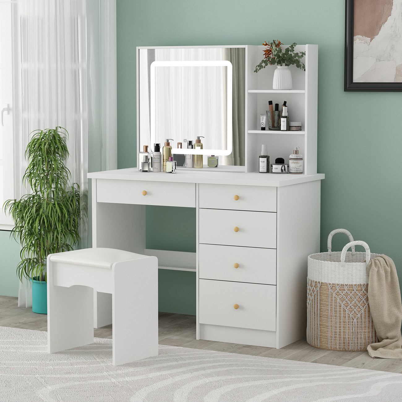 WIAWG 39.4" Modern Vanity Set with Mirror and Lights Makeup Dressing Table with Drawers White