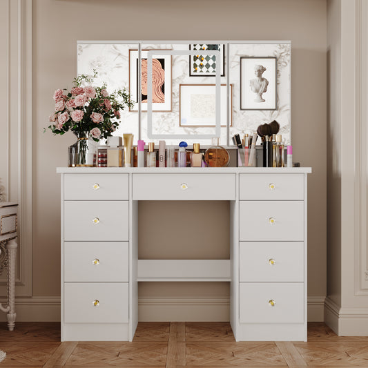 Modern Makeup Vanity Desk with Lighted Mirror, 3-Mirror Dressing Table With 9 Drawers for Bedroom