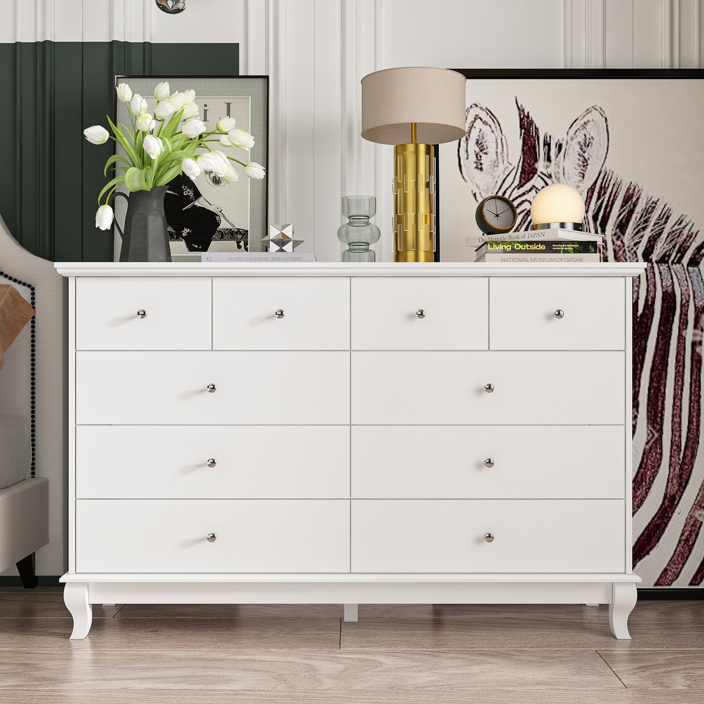 WIAWG 10 Drawer Double Dresser, Wood Dresser Chest of Drawers for Home Bedroom, White Closet Chest