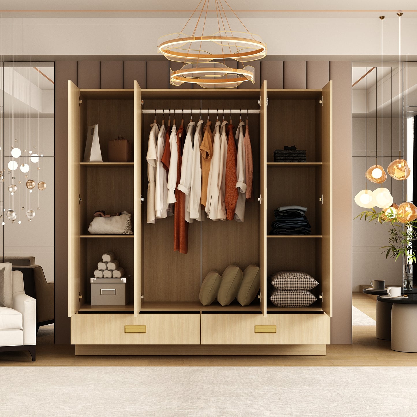 WIAWG 4-Doors Wardrobe with Wooden Color Finish ,2 Bottom Drawers with High Storage Capacity for Bedroom,Natural