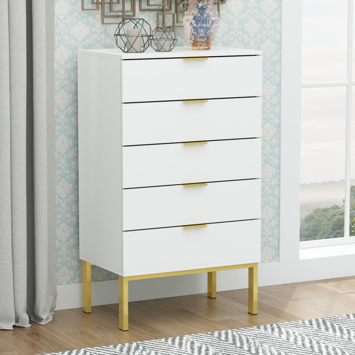 WIAWG 5 Drawer Dresser for Bedroom Living Room Dresser Chest Wood White-Gold