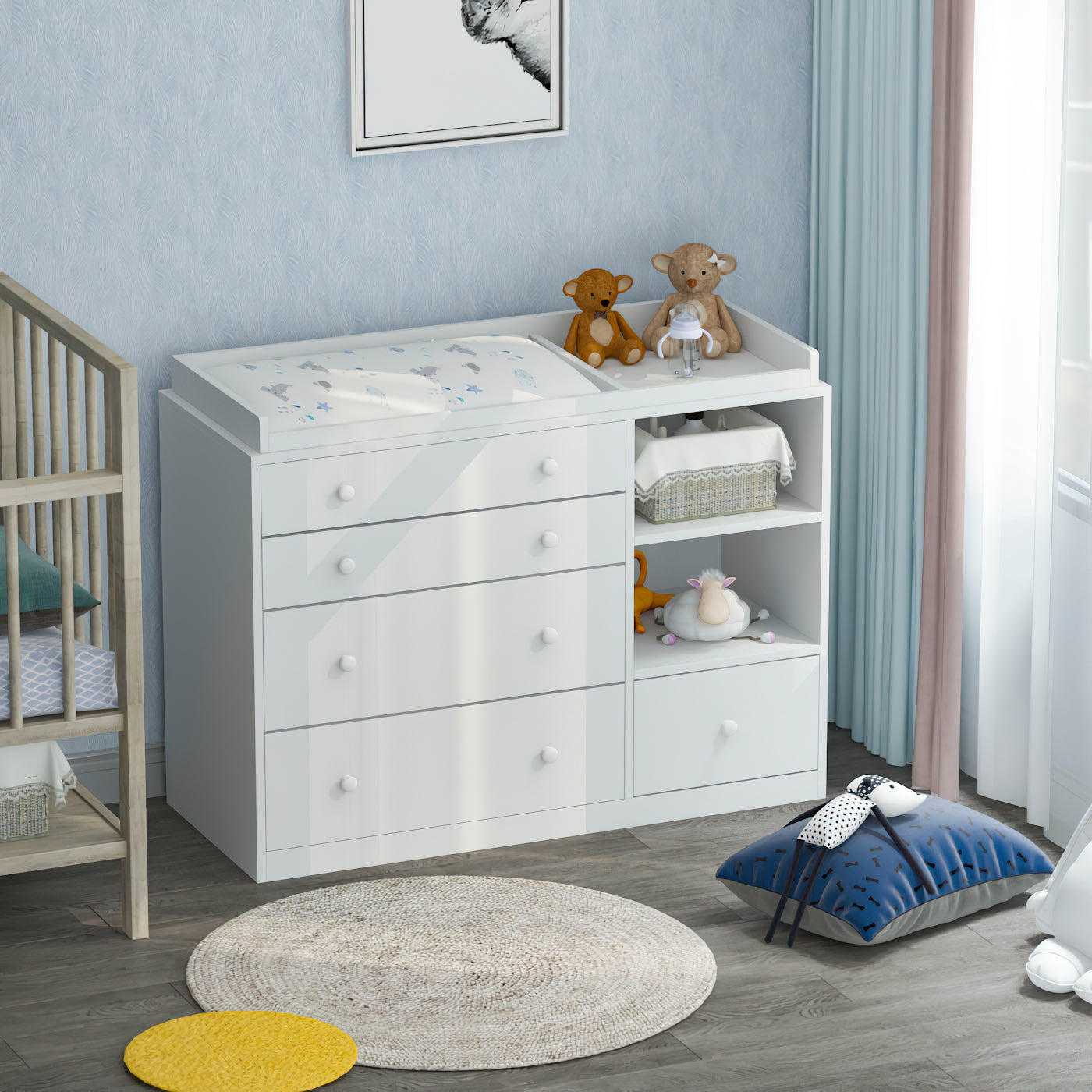 WIAWG 5-Drawer White Baby Dresser with Changing Table Wooden Infant Dresser with Shelf, 47.2"