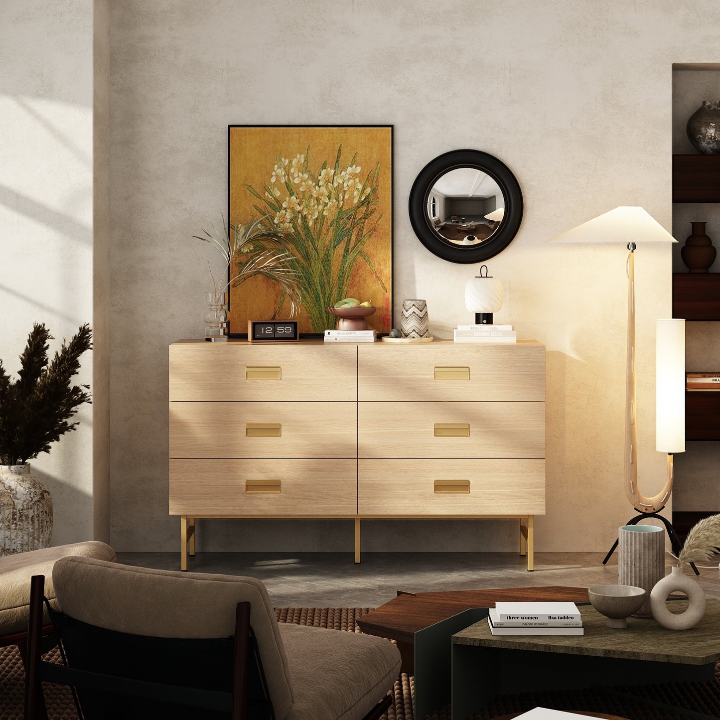 WIAWG 6 Drawer Double Dresser ,Sturdy Modern Dresser with Drawers for Closet,Living Room,Entryway,Natural