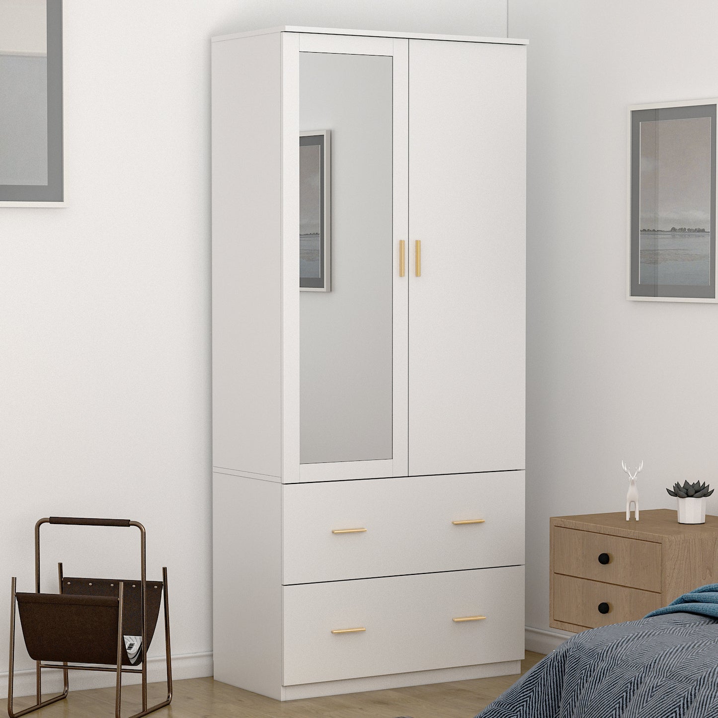 WIAWG Armoire Wardrobe Closet with Mirror Doors and Hanging Rod for Bedroom White